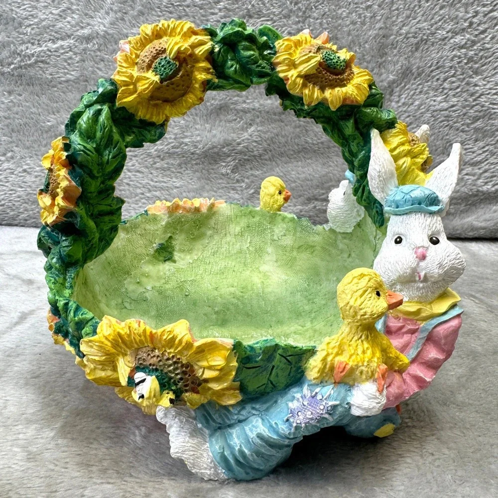 Easter Bunny Sunflower Resin Basket‎ and Votive Candle Holder Spring Lot 2 Vtg.